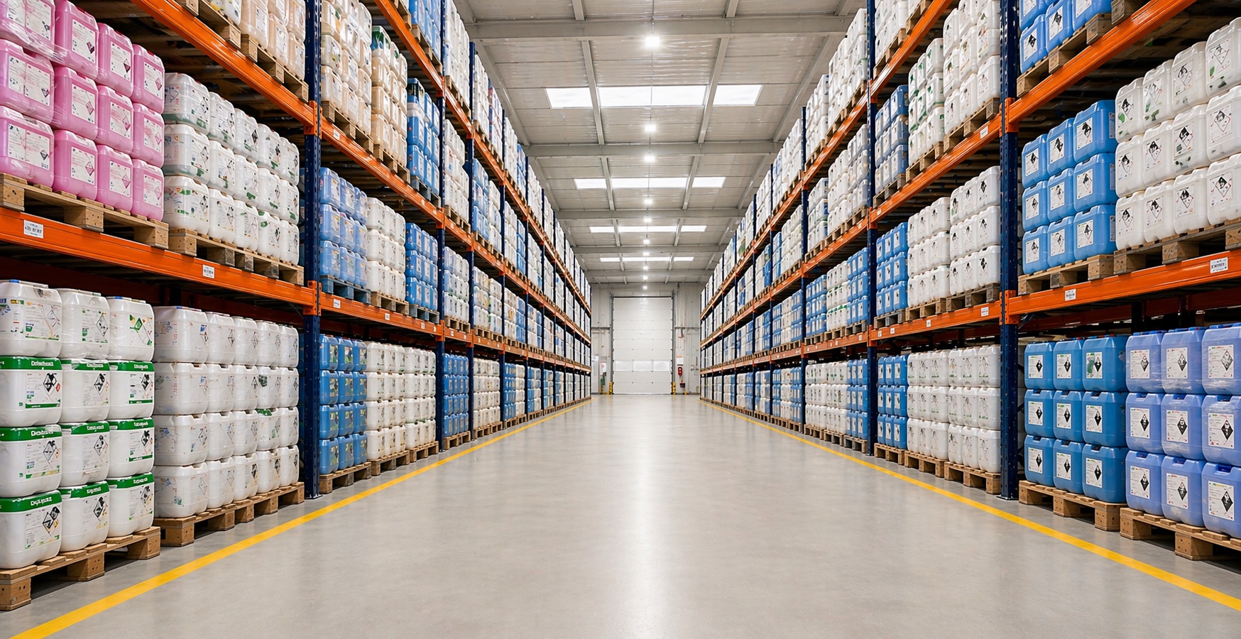 Gang eines Industrielagers mit Produktregalen