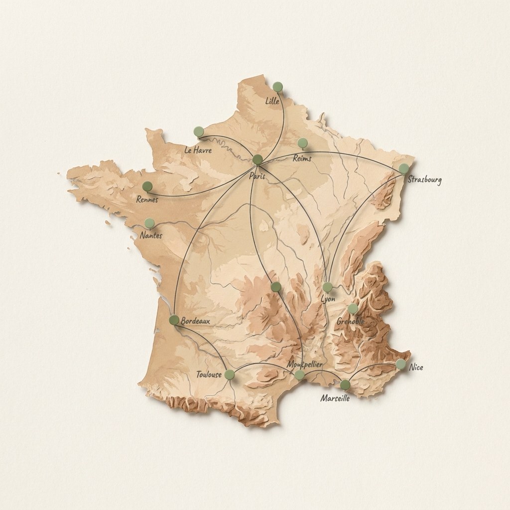 Carte topographique de la France avec les itinéraires de desserte