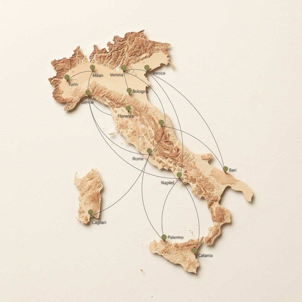 Mappa topografica dell'Italia con rotte di copertura